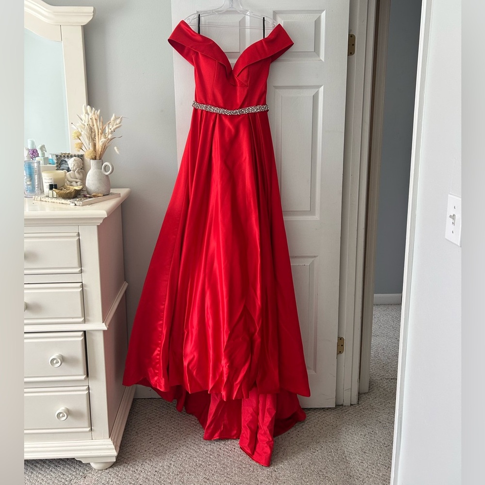 Red Satin Prom Gown with Beaded Waist